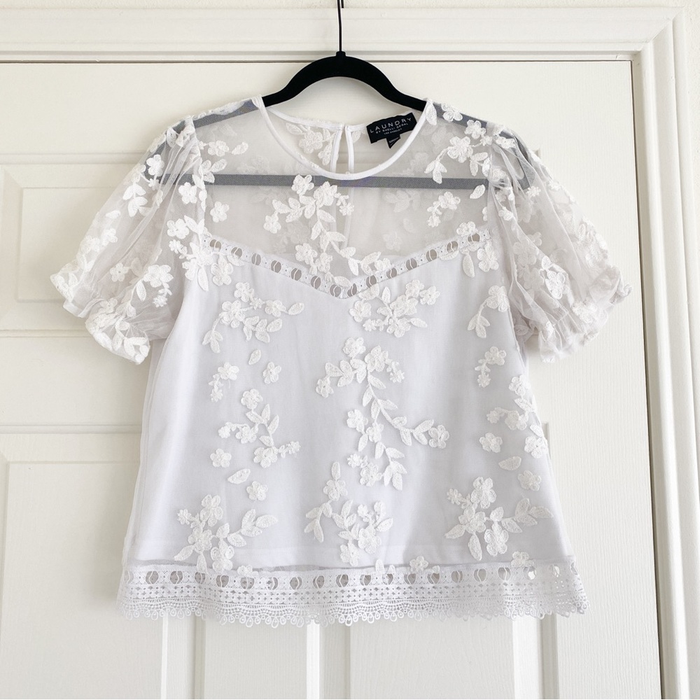 Laundry by Shelli Segal Puff Sleeve Embroidered Illusion Lace Blouse White Small
